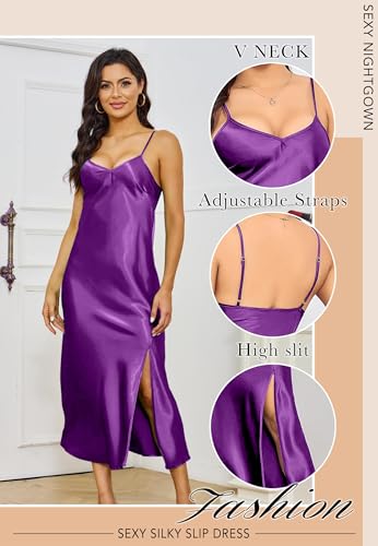 Image of ALCEA ROSEA Women's Long Satin Slip Dress Nightgowns Sexy Lingerie Adjustable Strap Midi Dress Silky Gown V Neck Under Dress