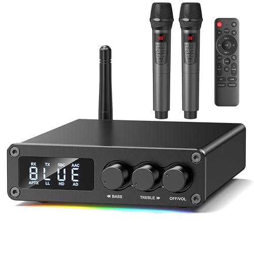 Pro Pre Bluetooth 5.2 Transmitter Receiver for TV,Home Stereo,BT Headset,Low Latency HD Bluetooth Audio Decoder Adapter with Display,RCA,AUX,Coaxial,Optical Inputs/Outputs ( Pro 2Mics) - MOREGAX M12