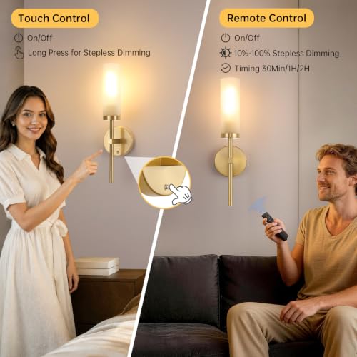 Image of Shenmoyl Battery Operated Wall Sconces Set of 2, Gold Rechargeable Wall Lighting Fixtures, Dimmable Wall Lights with Remote & Opal Glass Shade for Living Room, Bathroom,Bedroom