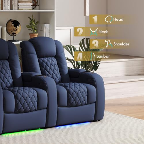 Image of Weilianda Home Theater Seating, Top Grain Leather Movie Theater Chair | Blue Row of 2 Loveseat, Zero Gravity, Power Headrest, Tray Table, Electric Reclining Seat for Media Room