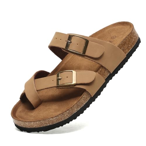 Yozuru Womens Cork Footbed Sandals Comfort Open Toe Slides Adjustable Buckle Beach Summer Flat Sandals with Arch Support