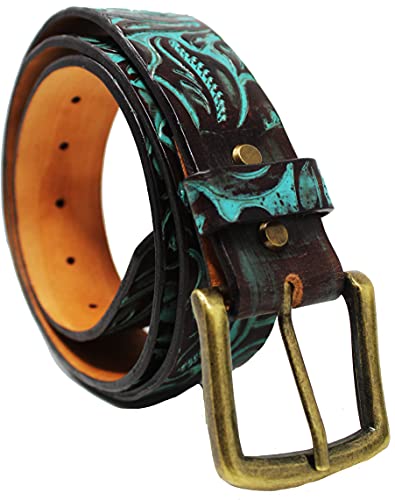 CHALLENGER 35-36 Men's 1-1/2" Wide Tan Leather Floral Tooled Casual Jean Belt 26FK103