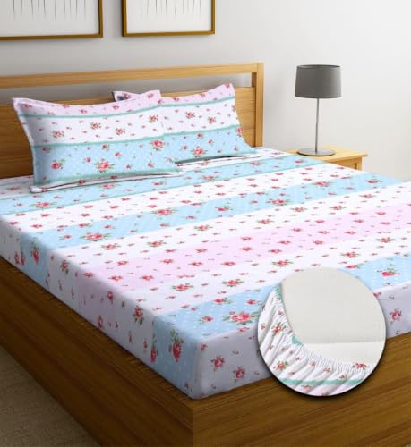 Image of NEW LEAF Premium Cotton Elastic Fitted Bedsheets with 2 King Size Pillow Covers | Double Bed with All Around Elastic 180 TC Supersoft | Size - 72 King Sizex78+10 inches | Sky Blue Rose Stripe