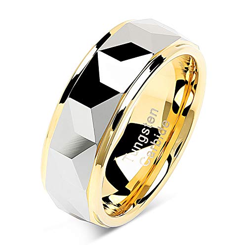 100S JEWELRY Engraved Multi-Faceted High Polish Gold Tungsten Rings For Men Women Wedding Band Sizes 6-16