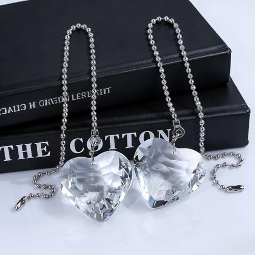 Image of 2Pack Glass Heart Ceiling Fan Pull Chain, Crystal Suncatcher Fan Lamp String Pulls Decorative Extension, 14 Inches Ball Chains Extender Ornament with Connector