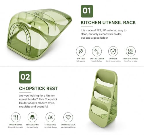 Image of KitchAntique Kitchen Utensil Holder with Drain Tray & Dustproof Cover | 3 Compartment Cutlery Organizer | Self Draining Countertop Storage Rack for Spoons Forks Chopsticks Kitchen Accessories (Green)