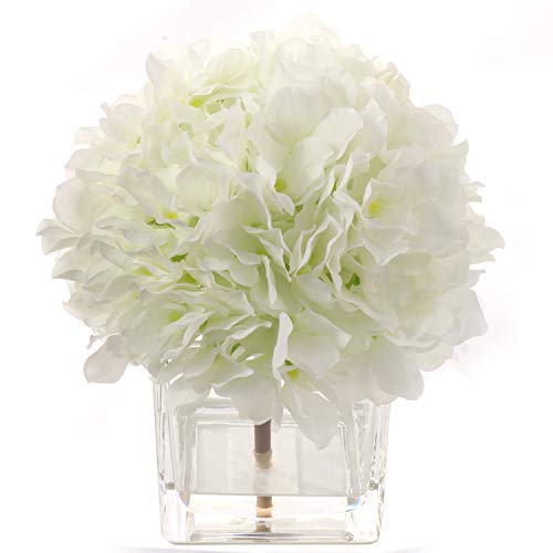 Larksilk Cream White Hydrangea Flower Bush Arrangement, Decorative Square Vase, Faux Water, Scratch