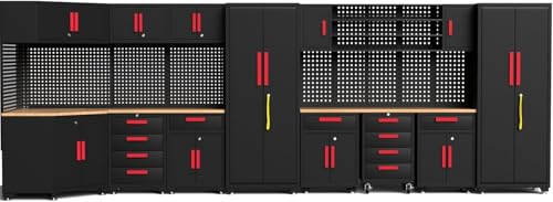 Tsnritor 17-Piece Garage Cabinets and Storage System with Corner Cabinet, Garage Storage Cabinet System,Drawers, Workbench, Pegboard for Tool Organization, Red Black