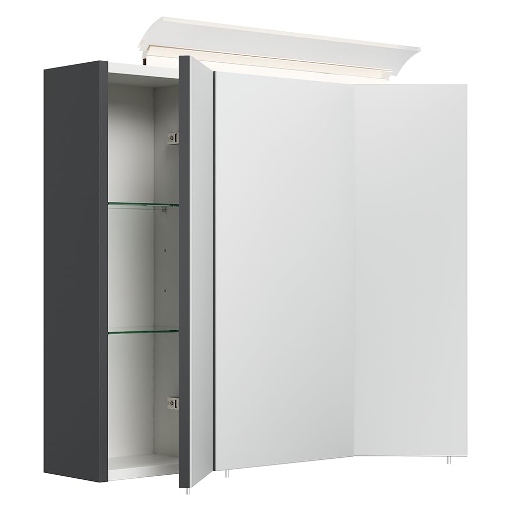 Lomadox Badezimmer Spiegelschrank 70cm, 3-türig, grau mit LED-Aufsatzleuchte, Glasböden, 3D-Funktion, Kombibox (Steckdose mit Schalter)