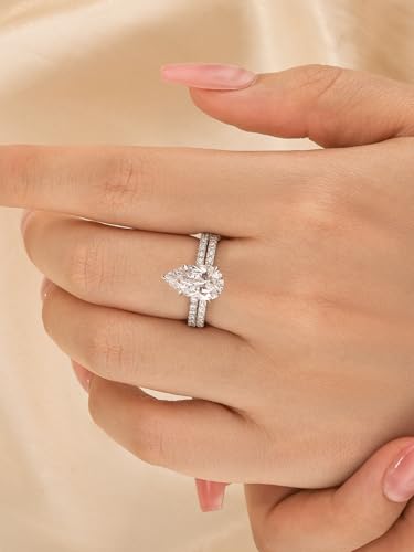 3.0CT Pear Cut Wedding Ring Set for Women, Sterling Silver Bridal Engagement Rings with 5A CZ Simulated Diamond, S925 Stackable Promise Ring Set3