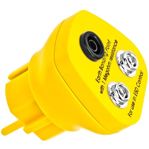 Minadax Bloco de terra - EBP - Proteção ESD - Conector antiestático de proteção de contacto - 2 x conectores de botão e 1 x conector banana fêmea - 1 resistência de segurança MOhm