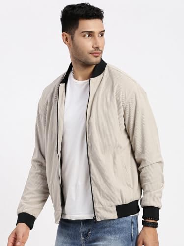 Image of SHOWOFFFF Men Solid Bomber Jacket | Mandarin Collar Full Sleeves Corduroy Jacket for Mens | Slim Fit Regular Length Jacket for Men's