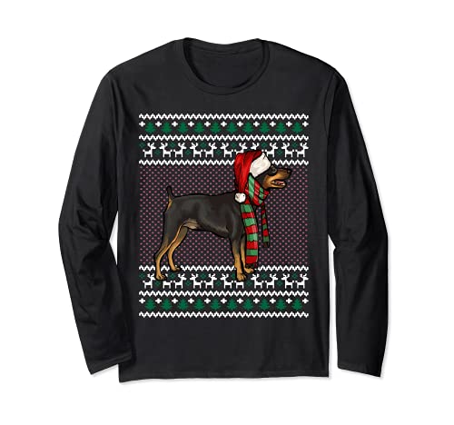 Xmas Miniature Pinscher Dog Santa Hat Ugly Christmas Long Sleeve T-Shirt, Black