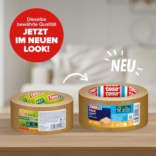 tesa pack STANDARD PAPER - Paketband aus Papier - 56% erneuerbare Mateialien - handeinreißbar - Verpackungsband für leichte Pakete - Braun - 50 m x 50 mm