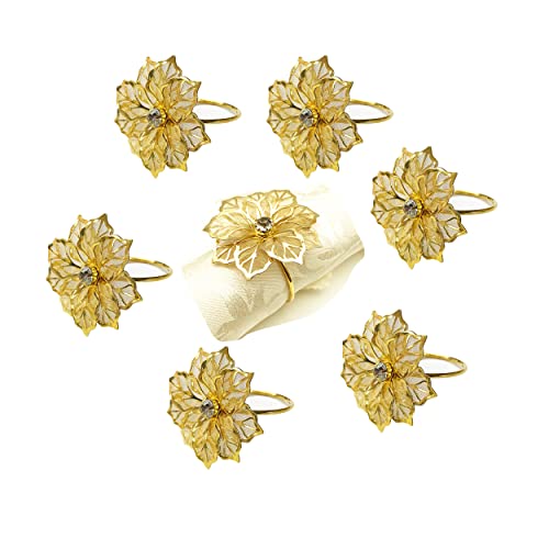 Flower Napkin Rings Set of 6, Metal Hollow Out Flower Napkin Ring Holder Serviette Buckles for Dinner Table Decor, Wedding Decorations (Gold)