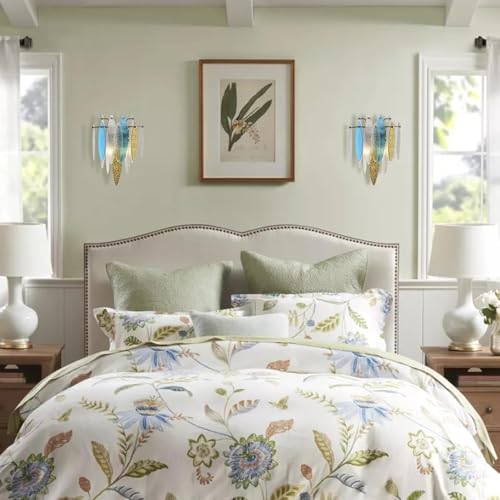 Image of Modern Gold Wall Sconces Set of Two, Glass Crystal Wall Light Fixtures with Colorful Leaves, 2-Light Art Decor Wall Lamps for Bedroom Living Room Bathroom