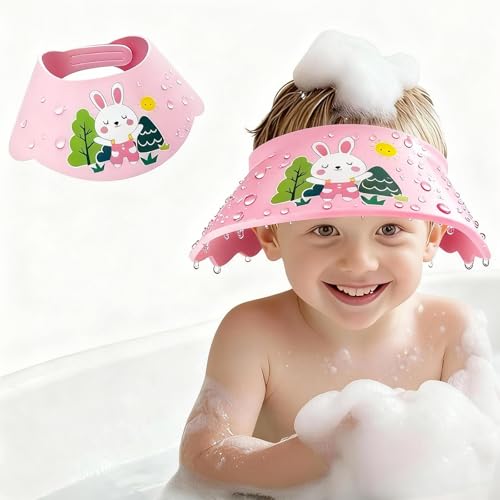 Image of Baby Shower Cap Shield - Adjustable Waterproof Shower Visor for Kids, Soft Baby Hair Washing Shield with Ear Protection, Perfect for Toddlers & Children (White Rabbit)