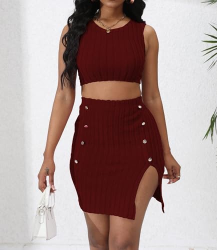 Image of Womens 2 Piece Club Outfit Going Out Dress Crop Top & Slit Skirt Set
