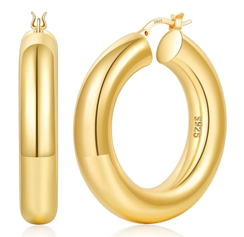 YOUNGYUE 8mm Chunky Gold Hoop Earrings Hypoallergenic 925 Sterling Silver Hoops Lightweight 14K Real GoldPlated Thick Gold Hoops Earring for Women 30/40/50mm