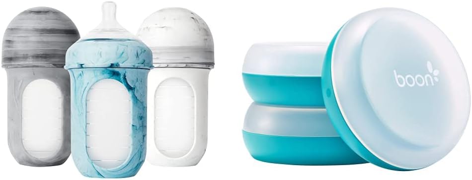 Boon NURSH Reusable Silicone Baby Bottles and Storage Bundle (3 Count) - includes Bottle, Nipples, Collapsible Pouches, and Storage Buns