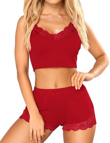 RSLOVE Women's V-Neck Sleeveless Lace Pajamas Set Soft Cami & Shorts Sleepwear