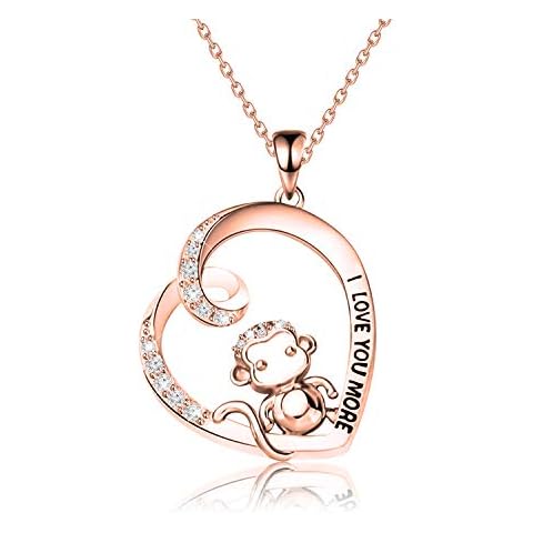 FEELMEM Monkey Necklace Engraved I Love You More CZ Monkey Love Heart Pendant Necklace for Women Animal Lover Monkey Gift(Rose gold) Cover