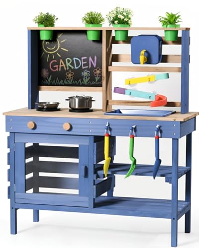 Wooden Outdoor Mud Kitchen for Kids, Pretend Play Kitchen Playset with Removable Sink, Faucet, Stove Top, Planting Area & Cooking Accessories, Toddler Gift for Boys Girls Ages 3+ (Blue) - image 9
