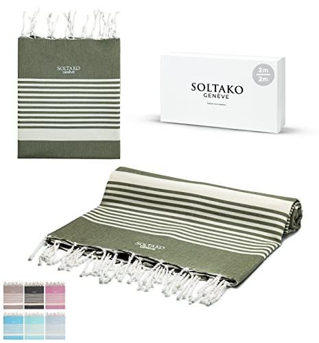 Bettüberwurf, Sofaüberwurf, Plaid, Tischdecke, dünne Tagesdecke, Sofa Couch Bettüberwurf mit Fransen, Sesselüberwurf, Fouta, Strandtuch, Picknickdecke Damen Herren leicht 200 x 200 cm (Olivegrün) Cover