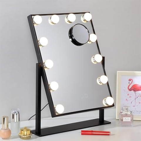Kotdning Vanity Mirror with Lights,Lighted Up Vanity Mirror with Dimmable Bulbs for Dressing Room & Bedroom,3 Color Lighting,Modes Detachable 10x Magnification Cover