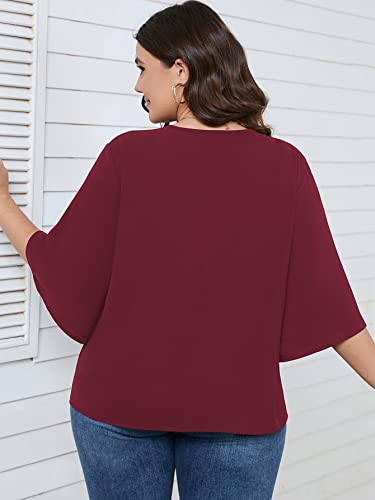 SCOMCHIC Women's Plus Size Blouses V Neck Tops 3/4 Sleeve Tie Knot Casual False Button Down Shirts XL-5XL3