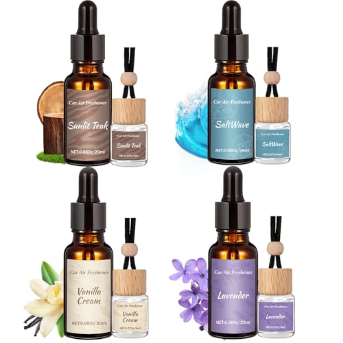Image of Car Air Freshener & Refill Set, 4-Scent Hanging Air Freshener Diffuser | Each(8ml +20ml Refills), Natural Essential Oil Diffuser With Refill Bottles, Reusable Car Fragrance Decor Accessories(8 Pack)