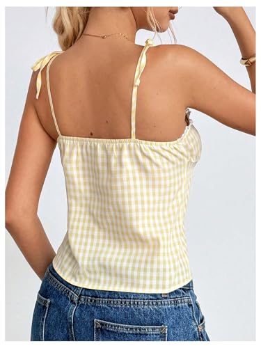 Floerns Women's Plaid Print Tie Shoulder Camisole Cute Lace Trim Ruched Bust Cami Top2