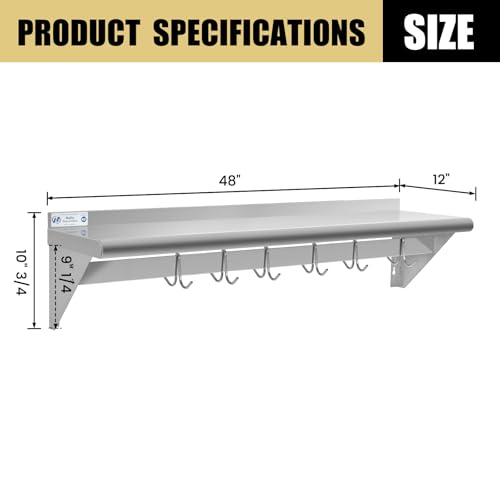 Image of Hally Stainless Steel Shelf with 6 Hooks 12 inch x 48 inch Wall Mounted Pot Rack, NSF Commercial Floating Shelving for Storage Hanging Pots, Pans, cookware in Restaurant, Kitchen, Home and Hotel