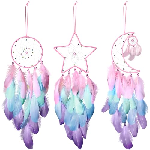 Jetec 3 Pcs Dream Catcher Moon Sun Star Design Handmade Traditional Design Craft Ornament Wall Art Hanging Home Decoration Bedroom Wedding(Macaron Color)