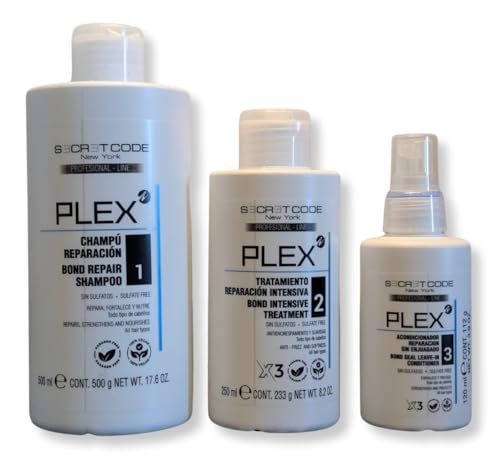 Secret Code New York | PLEX Kit Reparación Capilar 3 Pasos – Champú Bond Repair 500 ml + Tratamiento Intensivo 250 ml + Acondicionador Leave-In 120 ml | Sin Sulfatos, Anti-Frizz, Todo Tipo de Cabello