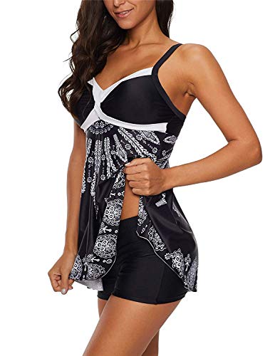 LAMISSCHE Womens Spaghetti Strap Bathing Suit Dress Printed Padded Tank Top Tankini Swimsuits(Two-Piece Black,L)