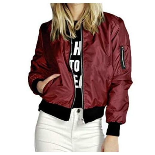 Bomberjacka dam, långärmad, ståkrage med dragkedja, flygarjacka, höst, vinter, festlig, ledig, vintage, mode, utomhus, kort kappa, ytterkläder, Vinröd, M