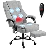 HOMCOM Bürostuhl mit Massagefunktion, Ergonomisch Schreibtischstuhl mit Liege- & Wärmefunktion, Breiter Sitzfläche, Bedrucktem Samtoptik Höhenverstellbar Drehstuhl mit Fernbedienung, Seitentasche Grau
