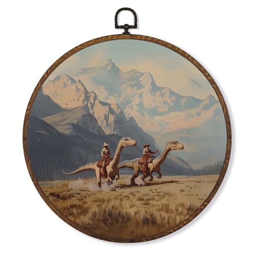 MOTERMATE Western Cowboy Dinosaur Wall Art Decor Round Framed, Whimsical Cowboy Dinosaur Mountain Canvas Wall Art Artwork Prints, Western Hanging Decor Decorations for Home Bedroom Room, 10x10 Inch
