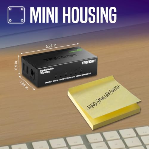 Image of TRENDnet 5 Port Mini Gigabit Switch, TEG-S50g, GREENnet Technology, NDAA + TAA Compliant, Desktop Metal Ethernet Network Switch, 5 x Gigabit Ports, Fanless, Lifetime Protection, Black