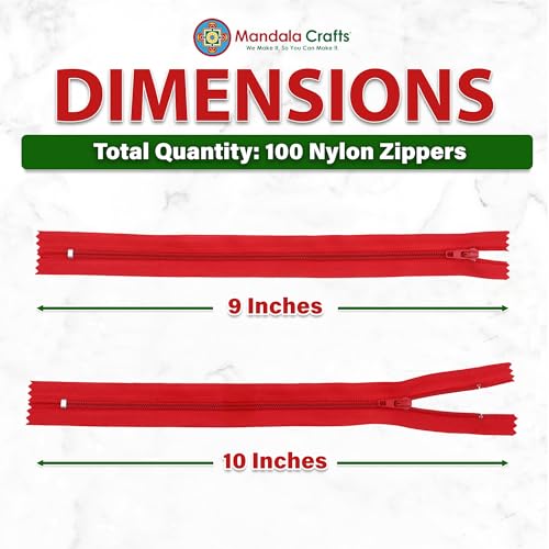 Image of Mandala Crafts 100 PCs Red Closed-End 9 Inches Nylon Zippers for Sewing