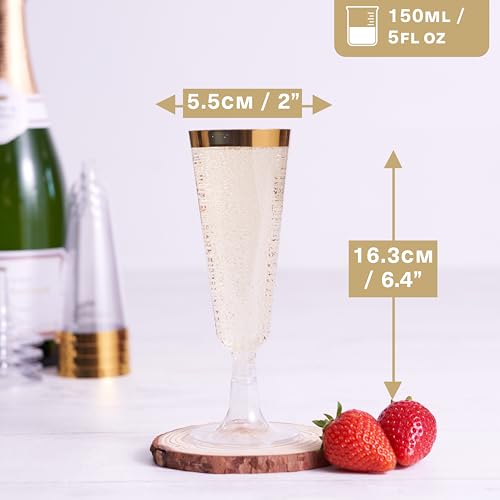 MATANA 48 Gold Champagne Flutes Plastic Champagne Glasses 5oz with Gold Rim, Reusable Clear Plastic Champagne Flutes Bulk Pack, Copas De Plastico Para Brindis, Toasting Glasses for Wedding, Christmas