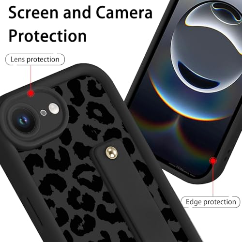 Zrutru Capa de telefone estética preta com estampa de leopardo para iPhone 16e com alça de pulso macia ajustável e flexível com suporte de silicone à prova de choque Funda para iPhone 16e de 6,1