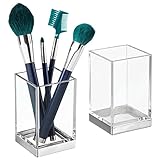 mDesign Modern Square Tumbler Cup for Bathroom Vanity Countertops - for Mouthwash/Mouth Rinse, Storing and Organizing Makeup Brushes, Eye Liners, Accessories - Slim Design, 2 Pack - Clear/Chrome