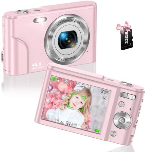 Digital Camera, 1080P 48MP Autofocus Digital Camera for Kids Video Camera with 32GB Memory Card 16X Digital Zoom, Compact Mini Point and Shoot Camera for Teens Boys Girls Adults Children Students