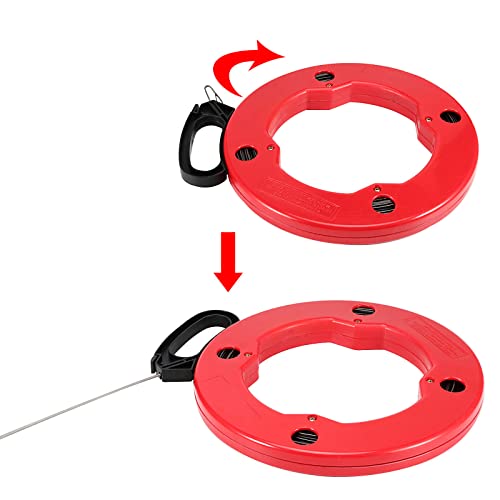 JAPCHET 1/8 Inch x 200 Ft Fish Tape, Electrical Fish Tape Steel Wire Puller with High-impact Plastic Case and Double Loop Tip, for Electric or Communication Wire Puller, Red