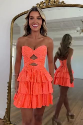 Sparkly Sequin Homecoming Dresses for Teens Strapless Cut Out Short Tiered Prom Party Dress 20252