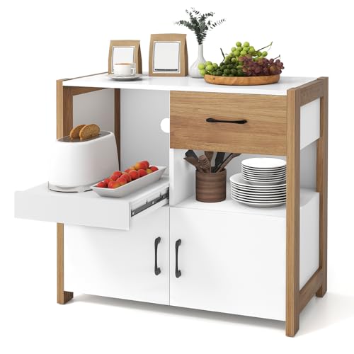 Giantex Sideboard Buffet Cabinet with Pull-Out Shelf, Modern Kitchen Buffet Table with Storage Cabinet, Drawer and Doors, Accent Coffee Bar Cabinet for Kitchen and Living Room, White & Natural