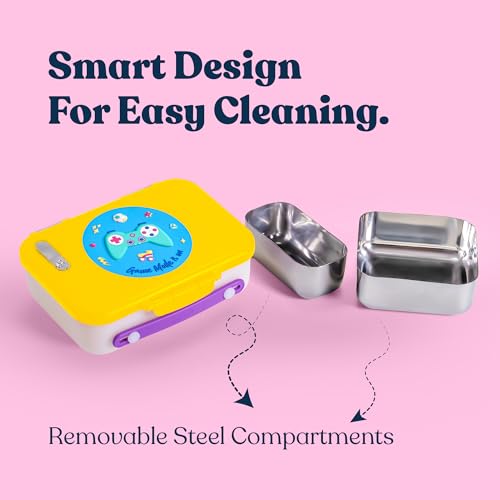 Image of rabitat Munchbee Pro Personalized Stainless Steel Kids Lunch Box 850ml- Food-Grade Steel Bento Tiffin | 2-Year Brand Warranty | Spill-Proof Flick-Lock | 3 Compartments, BPA-Free, School-Safe | Sparky