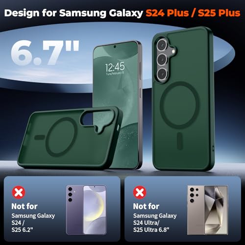Image of SUPFINE Magnetic for Samsung Galaxy S24 Plus Case / S25 Plus Case with Screen Protector, (Built-in Magnets) (Military Grade Drop Protection) Slim Translucent Shockproof Phone Case,Forest Green
